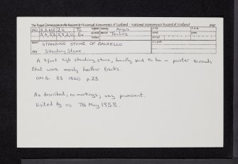 Standing Stone Of Balkello, NO33NE 26, Ordnance Survey index card, Recto