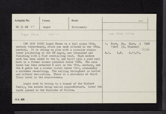 Logie House, NO35SE 29, Ordnance Survey index card, Recto