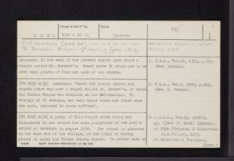 Leuchars, St Bonach's Chapel, NO42SE 2, Ordnance Survey index card, page number 1, Recto