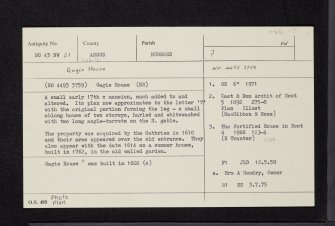 Gagie, Gagie House, NO43NW 21, Ordnance Survey index card, Recto