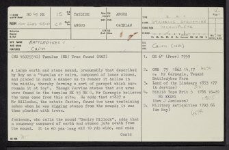 Battledykes, NO45NE 15, Ordnance Survey index card, page number 1, Recto