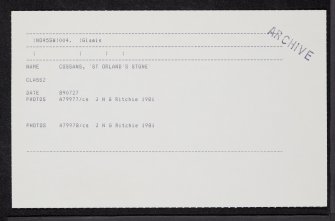 Cossans, 'st Orland's Stone', NO45SW 4, Ordnance Survey index card, Recto