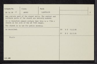 Carmyllie, St Mary's Chapel And Parish Church, NO54SW 19, Ordnance Survey index card, page number 2, Verso