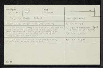 Carnegie Castle, NO54SW 21, Ordnance Survey index card, Recto
