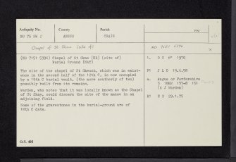 Boddin, Chapel Of St Skae, NO75SW 2, Ordnance Survey index card, Recto