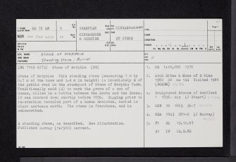 Stone Of Morphie, NO76SW 6, Ordnance Survey index card, page number 1, Recto