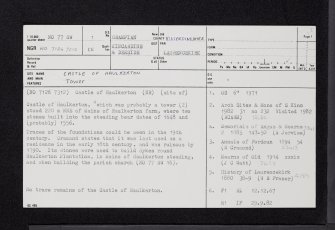 Castle Of Haulkerton, NO77SW 1, Ordnance Survey index card, page number 1, Recto