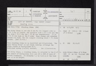Ley Of Barras, 'The Moray Stane', NO87NW 7, Ordnance Survey index card, page number 1, Recto