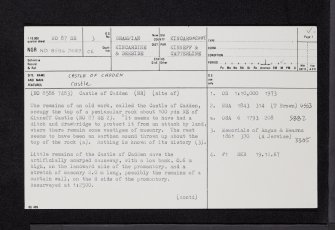 Castle Of Cadden, NO87SE 3, Ordnance Survey index card, page number 1, Recto