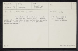 Castle Of Fiddes, NO88SW 17, Ordnance Survey index card, Recto