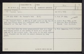 St Ternan's Well, NO99NW 12, Ordnance Survey index card, page number 1, Recto