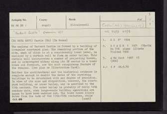 Tarbert, Tarbert Castle, NR86NE 1, Ordnance Survey index card, page number 1, Recto