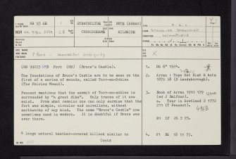 Arran, Gleann Dubh, Bruce's Castle, NR93SE 1, Ordnance Survey index card, page number 1, Recto