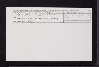 Arran, Gleann Dubh, Bruce's Castle, NR93SE 1, Ordnance Survey index card, Recto