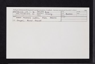 Arran, Pien, Saint Molaise's Chapel, NR93SW 19, Ordnance Survey index card, Recto