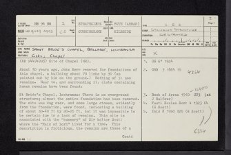 Arran, Lochranza, Ballarie, Saint Bride's Chapel, NR94NW 2, Ordnance Survey index card, page number 1, Recto