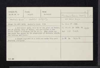 Meckan's Grave, NS08SW 10, Ordnance Survey index card, Recto