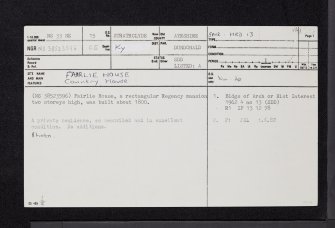 Fairlie House, NS33NE 15, Ordnance Survey index card, page number 1, Recto