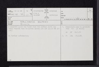 Hallyards Quarry, NS33SE 14, Ordnance Survey index card, page number 1, Recto