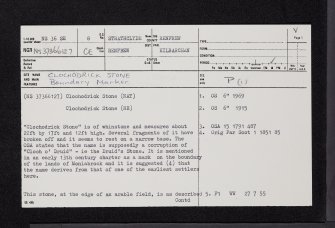 Clochodrick Stone, NS36SE 8, Ordnance Survey index card, page number 1, Recto