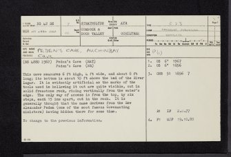 Peden's Cave, Auchinbay, NS42SE 7, Ordnance Survey index card, page number 1, Recto