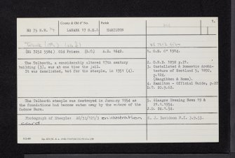 Hamilton, Muir Street, Tolbooth And Jail Tower, NS75NW 14, Ordnance Survey index card, page number 1, Recto