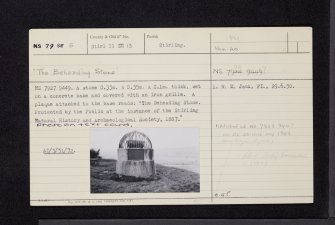 Stirling, Gowanhill, The Beheading Stone, NS79SE 5, Ordnance Survey index card, Recto