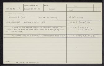 Cartland Craigs, 'Wallace's Cave', NS84SE 2, Ordnance Survey index card, Recto