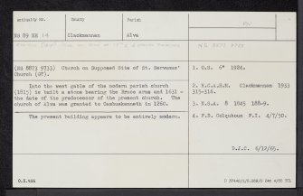 Alva, St Serf's Parish Church, NS89NE 14, Ordnance Survey index card, Recto