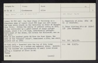 Tullibody, Haer Stane, NS89SE 5, Ordnance Survey index card, page number 1, Recto