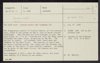 Couston Castle, NS97SE 21, Ordnance Survey index card, page number 1, Recto