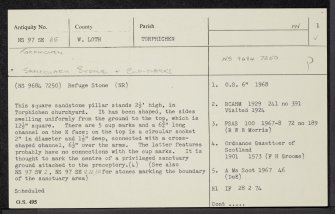 Torphichen Churchyard, Refuge Stone, NS97SE 25, Ordnance Survey index card, page number 1, Recto