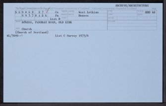 Bo'Ness, Corbiehall, Panbrae Road, Old Kirk, NS98SE 27, Ordnance Survey index card, Recto