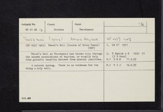 Tweed's Well, NT01SE 12, Ordnance Survey index card, Recto