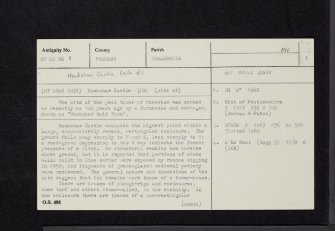 Hawkshaw Castle, NT02SE 1, Ordnance Survey index card, page number 1, Recto