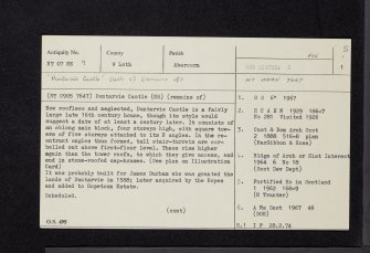 Duntarvie Castle, NT07NE 9, Ordnance Survey index card, page number 1, Recto