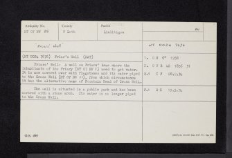 Linlithgow, Friar's Well, NT07NW 25, Ordnance Survey index card, Recto