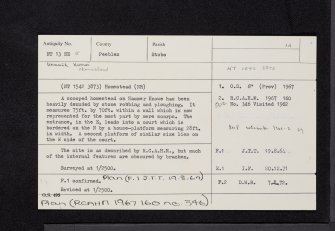 Hammer Knowe, NT13NE 5, Ordnance Survey index card, Recto