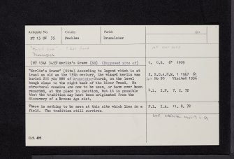 Merlin's Grave', Drumelzier, NT13SW 35, Ordnance Survey index card, Recto