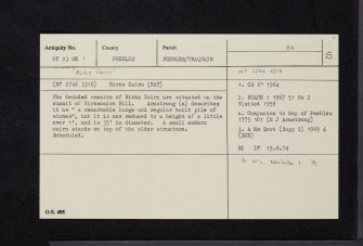 Birks Cairn, NT23SE 1, Ordnance Survey index card, Recto