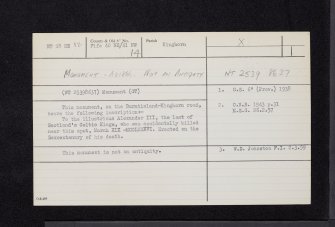Kingswoodend, Kinghorn Road, Alexander Iii Monument, NT28NE 12, Ordnance Survey index card, Recto