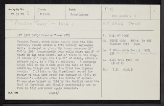 Preston Tower, NT37SE 3, Ordnance Survey index card, page number 1, Recto