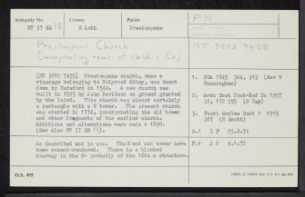 Prestonpans, Kirk Street, Prestongrange Church And War Memorial, NT37SE 18, Ordnance Survey index card, Recto