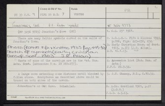 East Wemyss, Jonathan's Cave, NT39NW 9, Ordnance Survey index card, page number 1, Recto