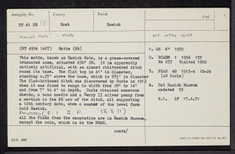Hawick Motte, NT41SE 18, Ordnance Survey index card, page number 1, Recto