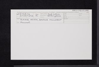 Blaikie Heugh, Balfour Monument, NT57SE 72, Ordnance Survey index card, Recto