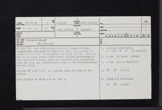 Highfield, NT58SW 15, Ordnance Survey index card, page number 1, Recto