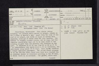 Mervinslaw Pele-House, NT61SE 18, Ordnance Survey index card, page number 1, Recto