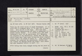 Twinlaw, Twinlaw Cairns, NT65SW 4, Ordnance Survey index card, page number 1, Recto