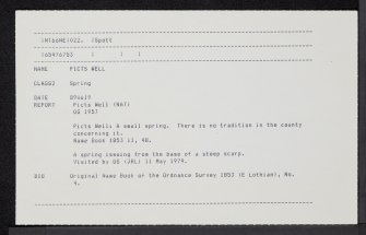 Picts Well, NT66NE 22, Ordnance Survey index card, Recto